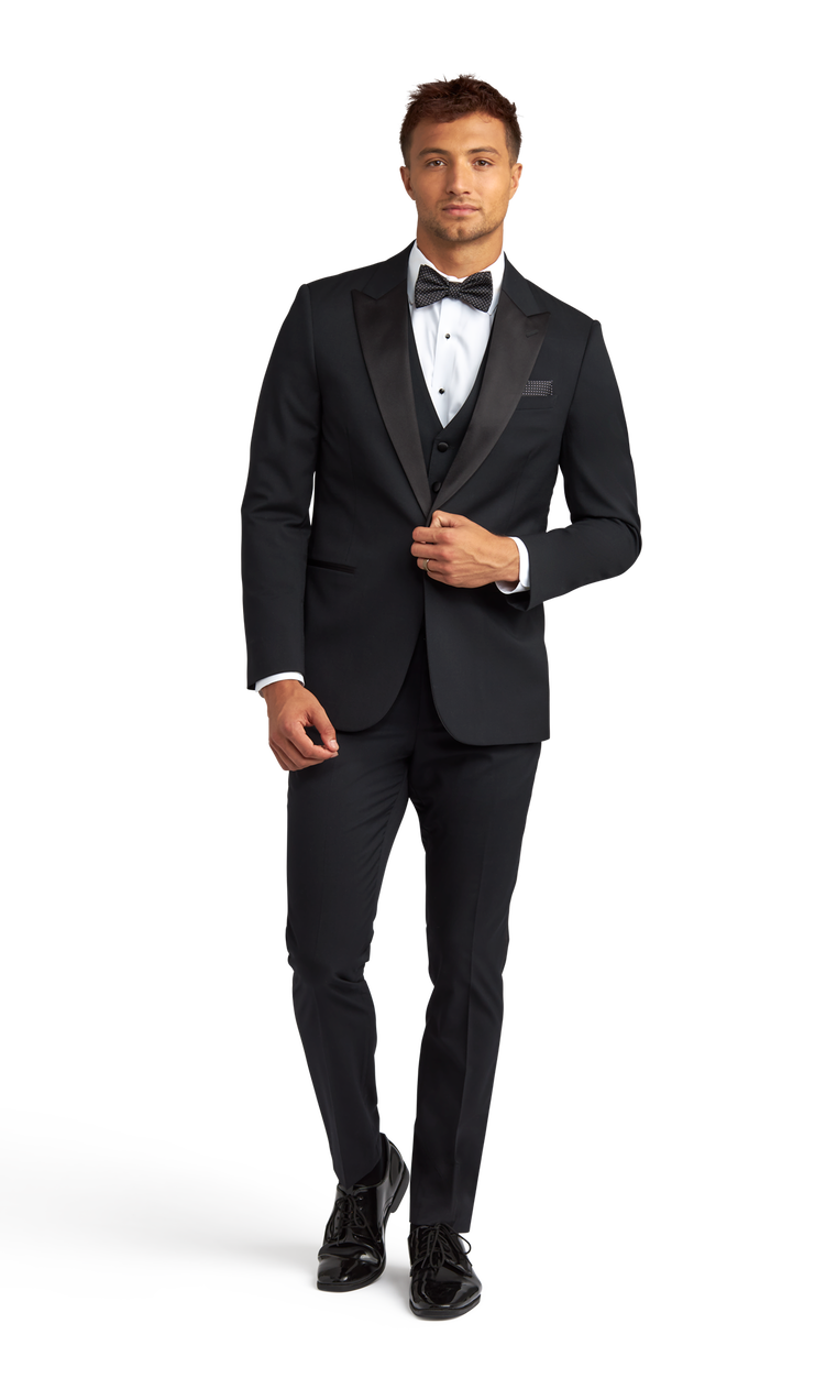 Front view of the black peak lapel tuxedo.