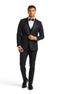 Front view of the black peak lapel tuxedo.