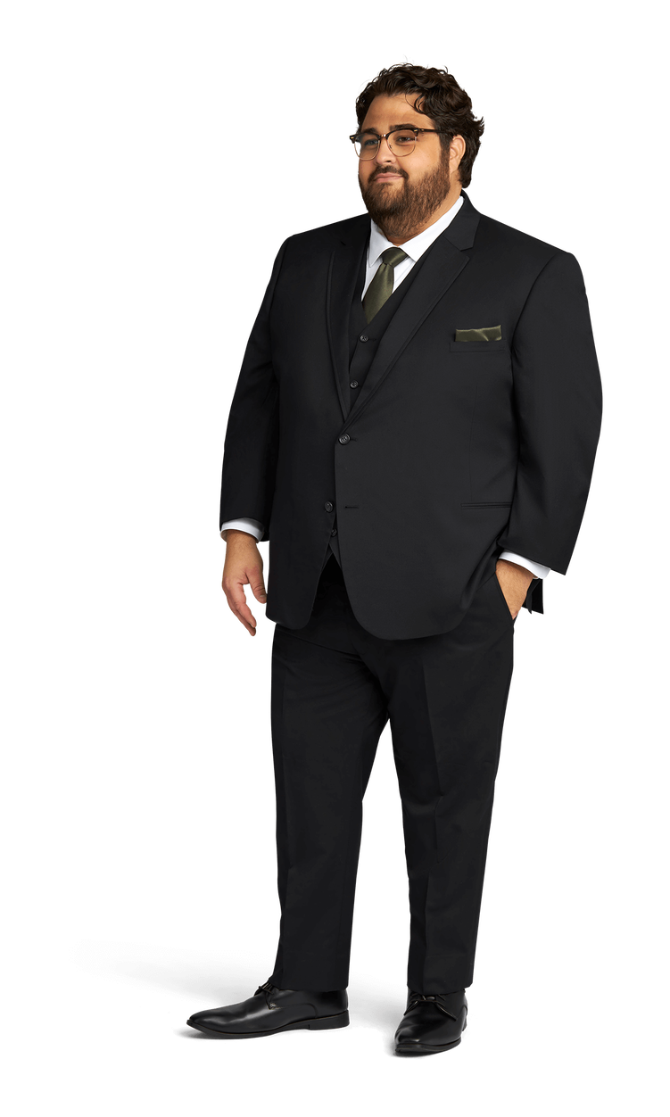 Side view of the Michael Kors black suit rental.