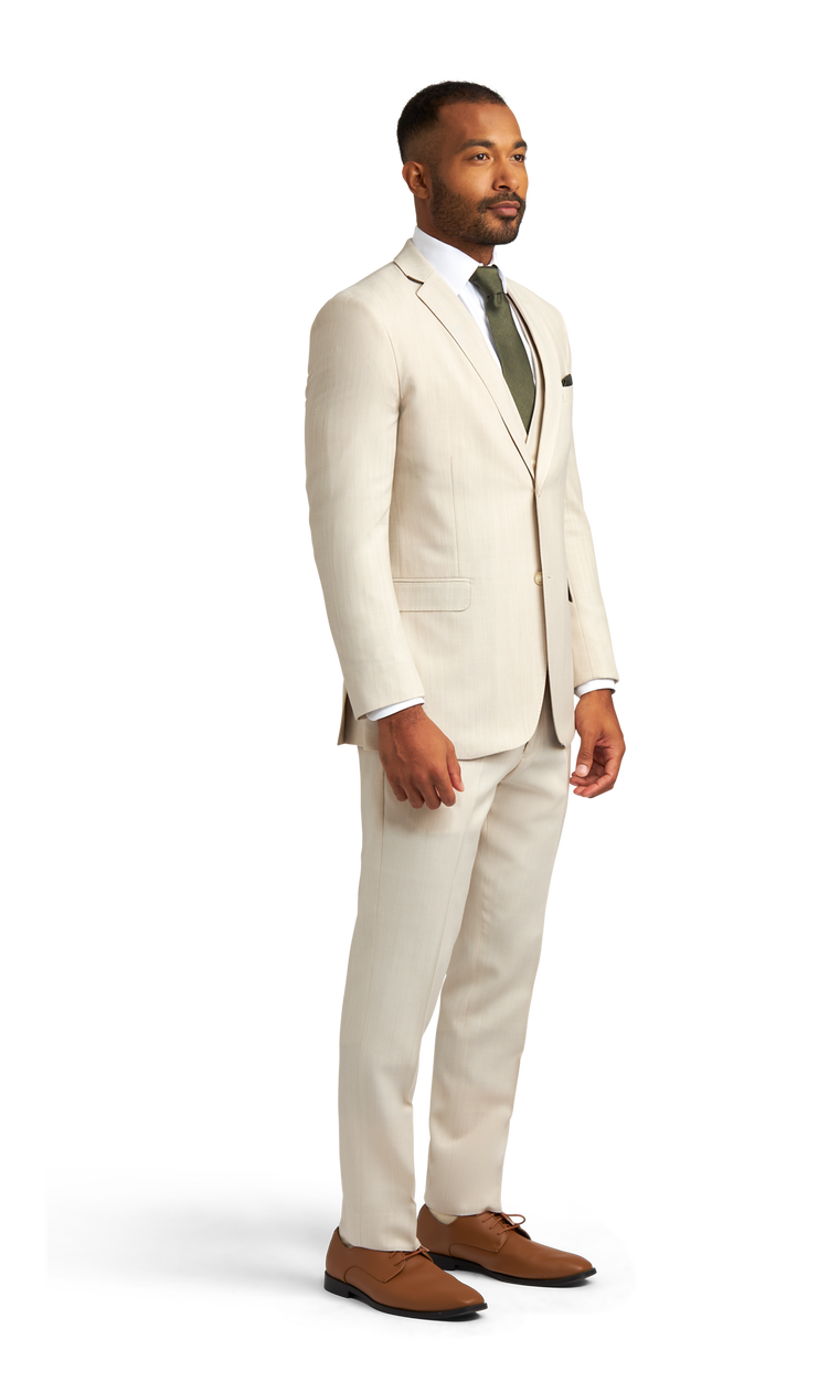 Side view of the Friar Tux light tan suit rental.
