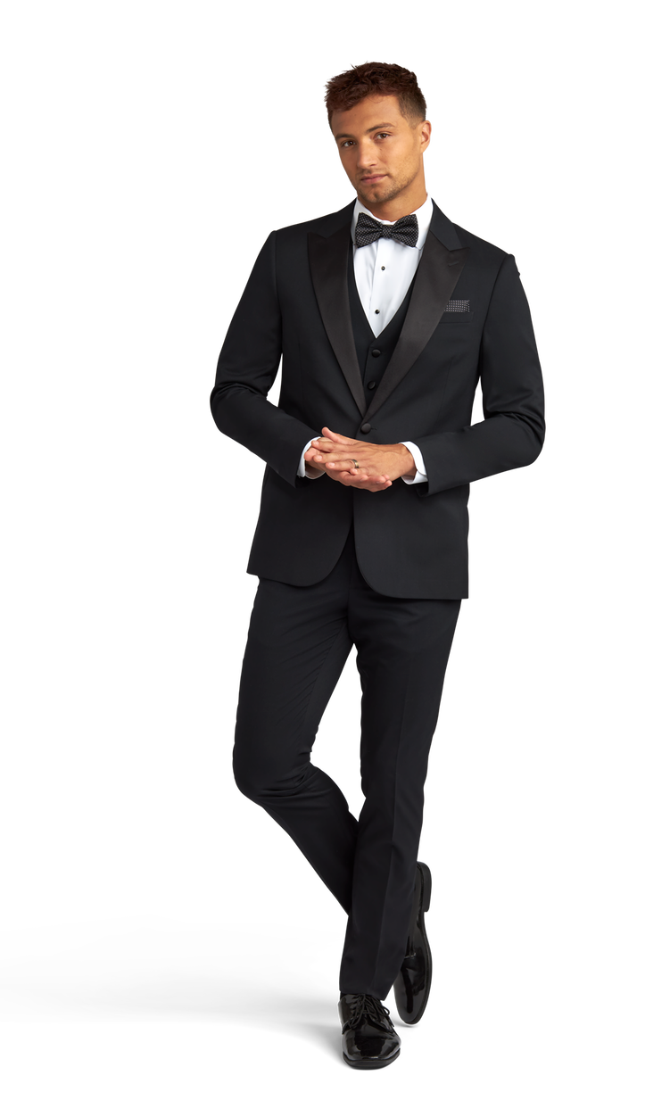 Side view of the peak lapel tuxedo rental.