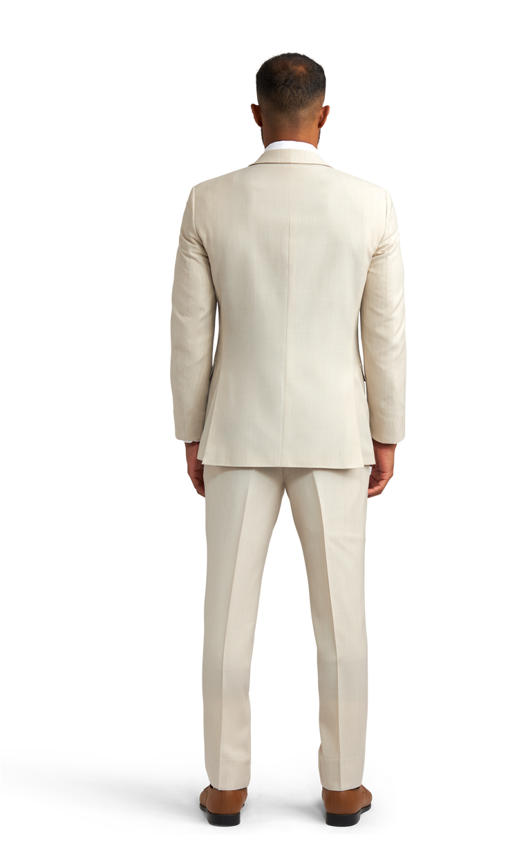 Back view of the Friar Tux light tan suit rental.