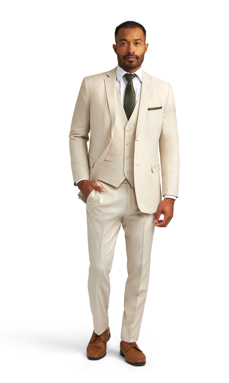 Front view of the Friar Tux light tan suit rental.