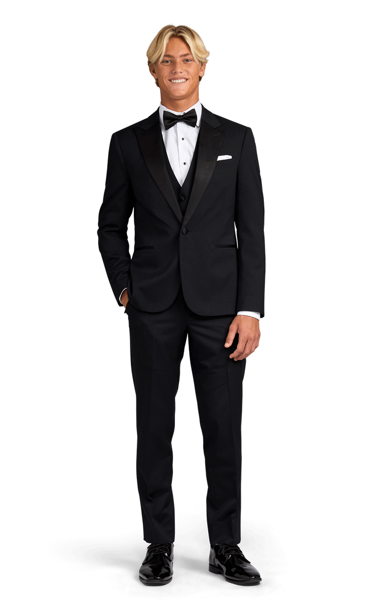 Front view of the black peak lapel tuxedo.